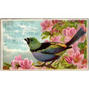 c1880 Three Color Tanager Bird Prayer Card Psalm 145 His Tender Mercies AF7-E11